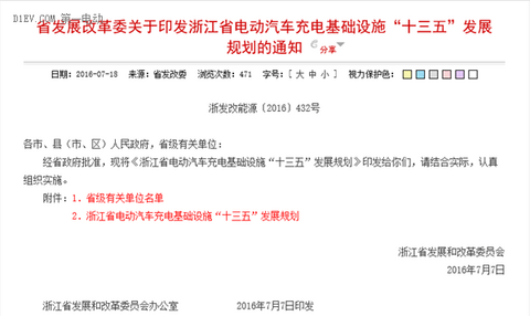 浙江省发布“十三五”电动汽车充电基础设施建设规划