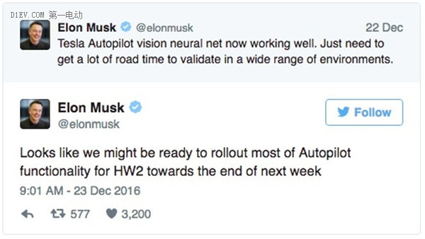 马斯克称有望在下周推出Autopilot 2系统