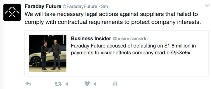 180万美金欠款子虚乌有 Faraday Future发声明欲反诉无良供应商