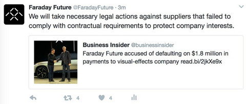 180万美金欠款子虚乌有 Faraday Future发声明欲反诉无良供应商