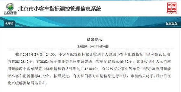 电动汽车行业 北京市小客车指标调控管理信息系统发布公示,截至2017年