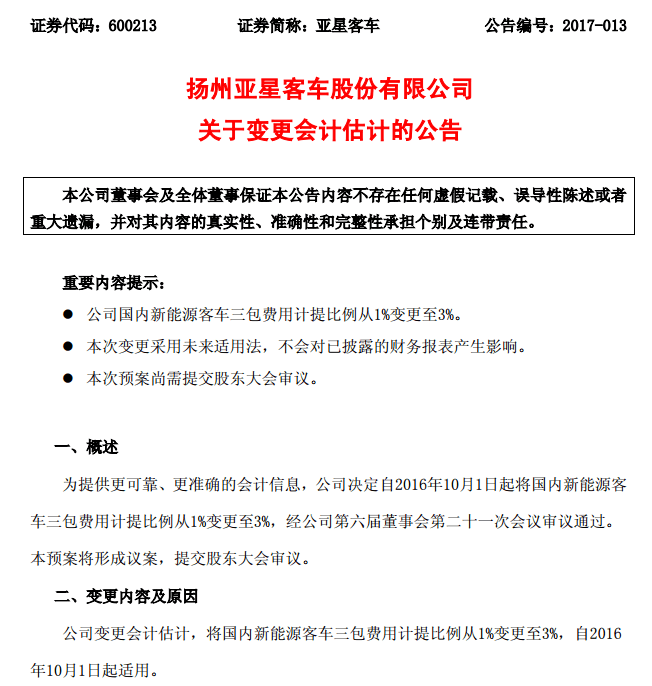 亞星客車提高新能源客車三包費(fèi)用計(jì)提比例，預(yù)計(jì)2016年減少利潤(rùn)2232萬(wàn)元