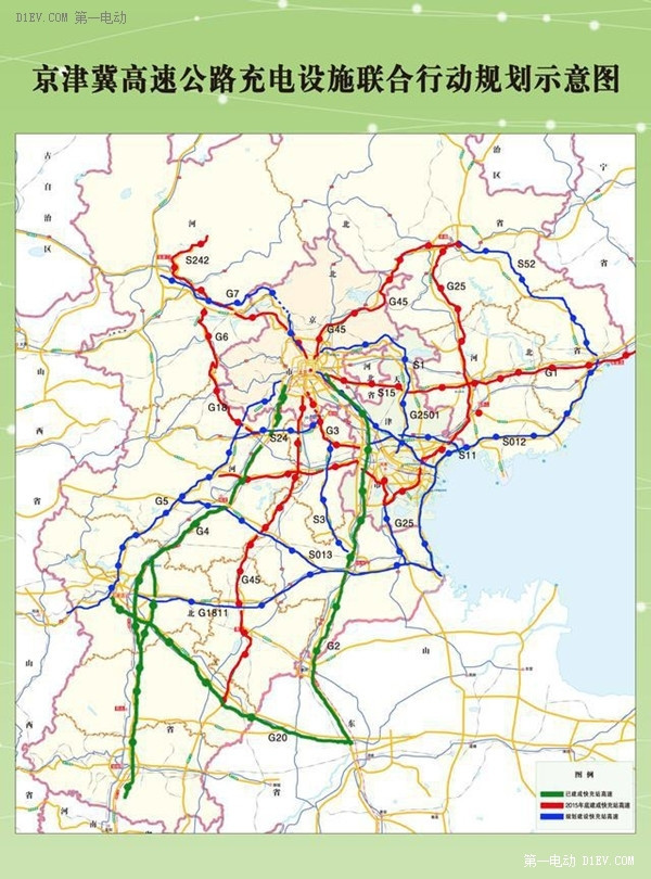 京津冀高速公路充电设施联合行动规划示意图