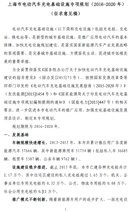 上海“十三五”充电规划将出炉 2020年将建充电桩超21万个