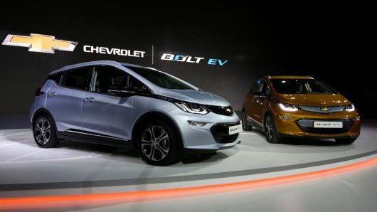 Chevrolet Bolt electric vehicles (EV) stand on display during the press day of the Seoul Motor Show in Goyang, South Korea