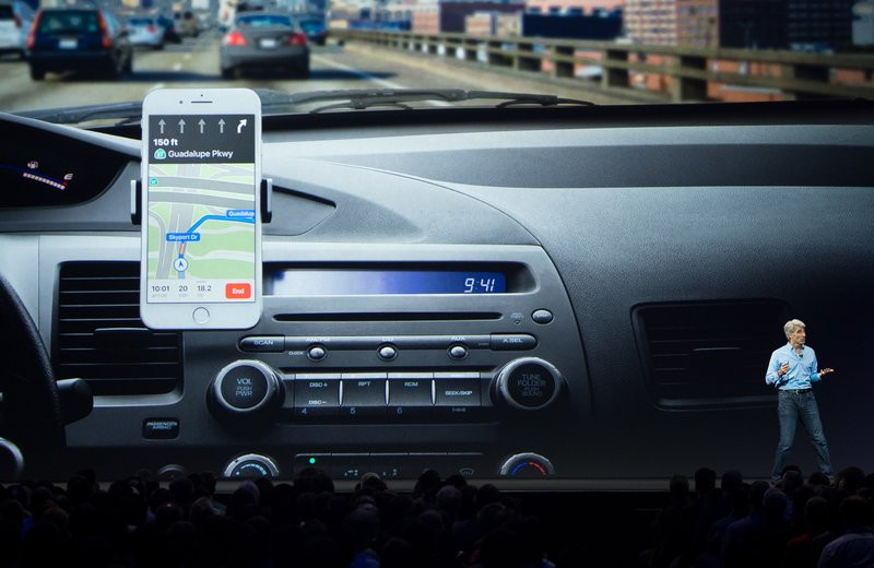 Apple is working on a smart windshield that uses augmented reality that displays FaceTime calls, a patent shows. Apple's Senior Vice President of Software Engineering Craig Federighi speaks about CarPlay on stage during Apple's World Wide Developers Conference in 2017.