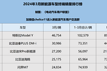 2024年3月中国新能源汽车终端销量排行榜总榜（所有车型在列）