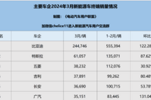 2024年3月新能源終端總量排行：比亞迪第一，特斯拉第二