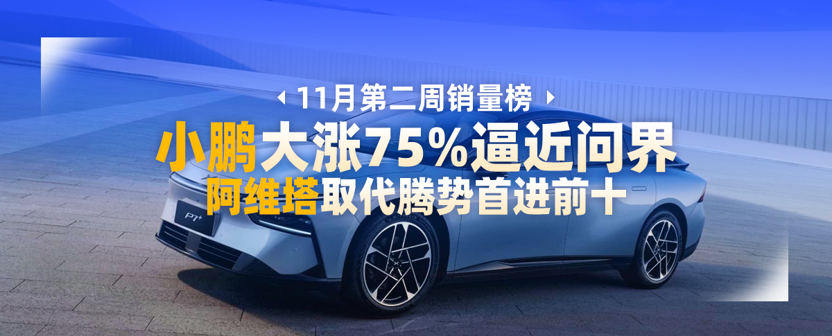 11月第二周销量榜：小鹏大涨75%逼近问界，阿维塔取代腾势首进前十