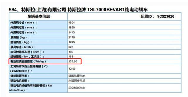 国产特斯拉磷酸铁锂版曝光，能量密度不及刀片电池，续航468公里