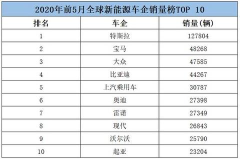 特斯拉一马当先，比亚迪暂列第四，前5月新能源车企销量