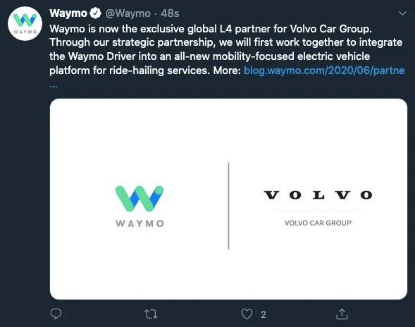 Waymo与沃尔沃汽车集团同时宣布：双方达成全球战略合作