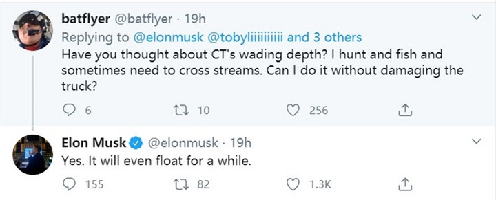 马斯克称特斯拉Cybertruck电动皮卡能在水面上“漂”一会儿