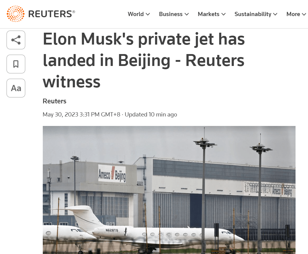马斯克私人飞机已抵达北京