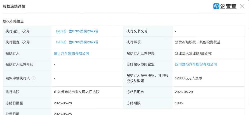 雷丁汽车所持野马汽车1.2亿元股权被冻结