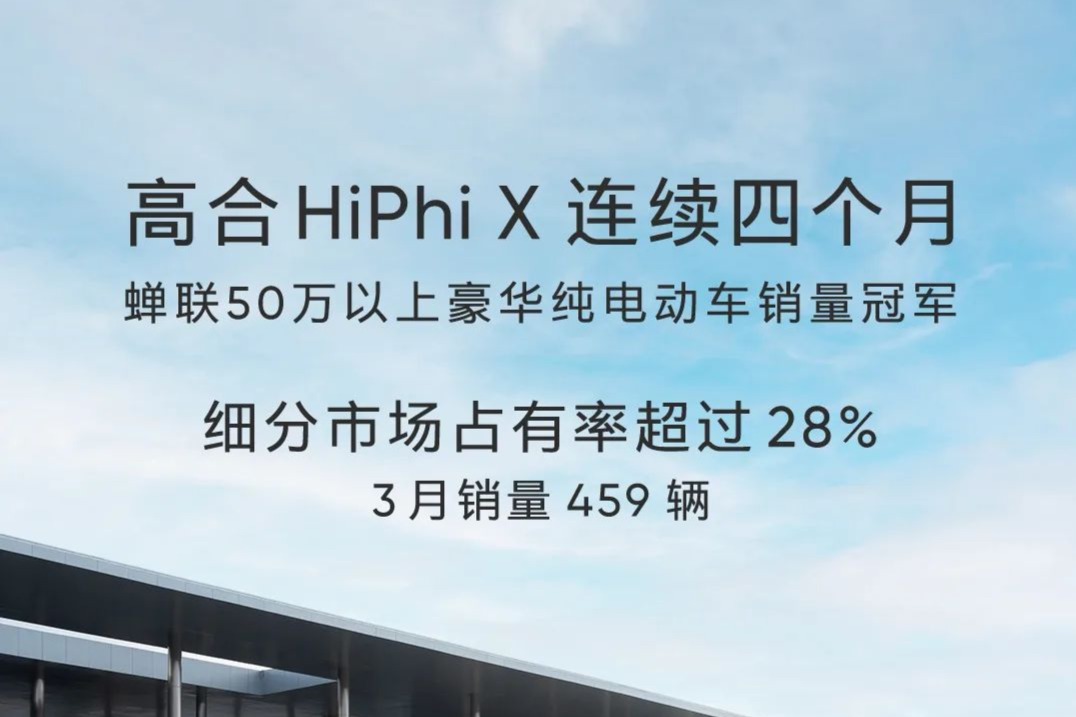 再次蝉联50万以上纯电市场销售榜冠军  高合3月销量459辆