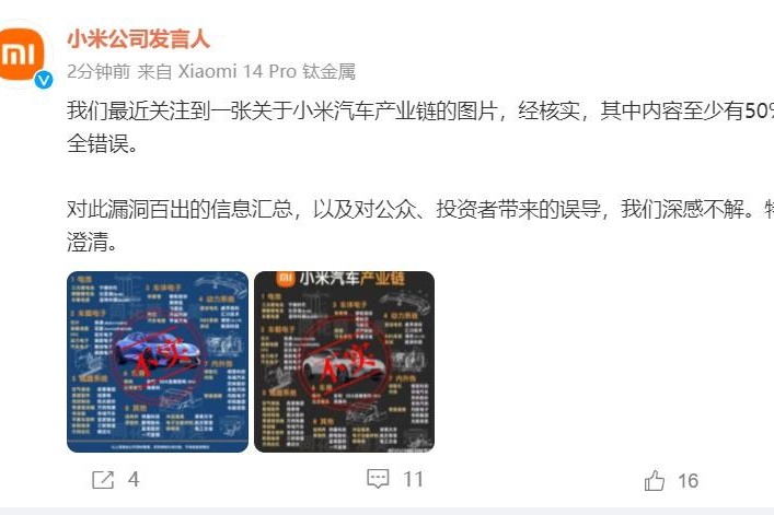 小米称网传“小米汽车产业链”图片内容至少有50%完全错误