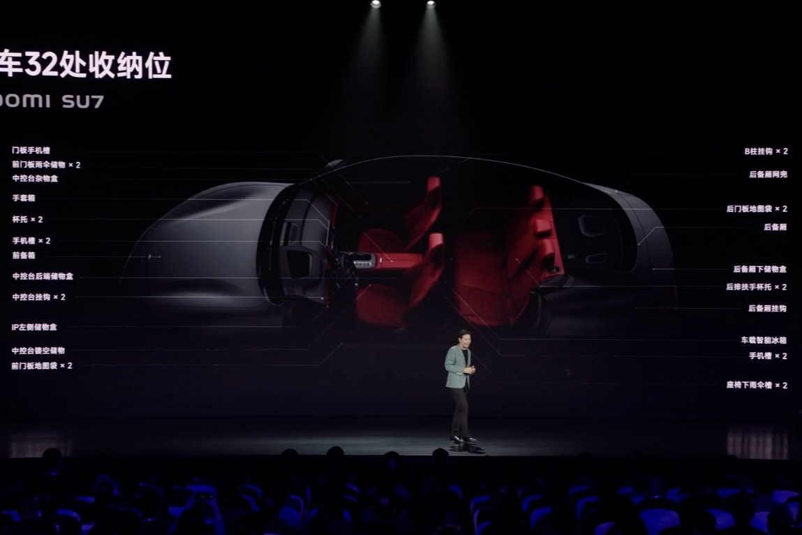 小米 SU7 车型拥有 32 个收纳位,自带 1/4 螺纹接口支持手机支架