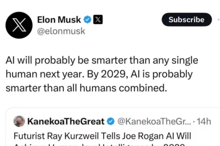 马斯克预测：2025年AI赶上人类智商，2029年将超过整个人类