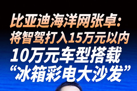 比亞迪海洋網(wǎng)張卓：將智駕打入15萬元以內(nèi)，10萬元車型搭載“冰箱彩電大沙發(fā)”