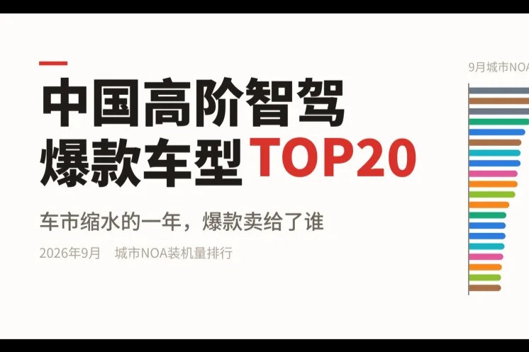 中国高阶智驾爆款车型TOP20（2026年9月）