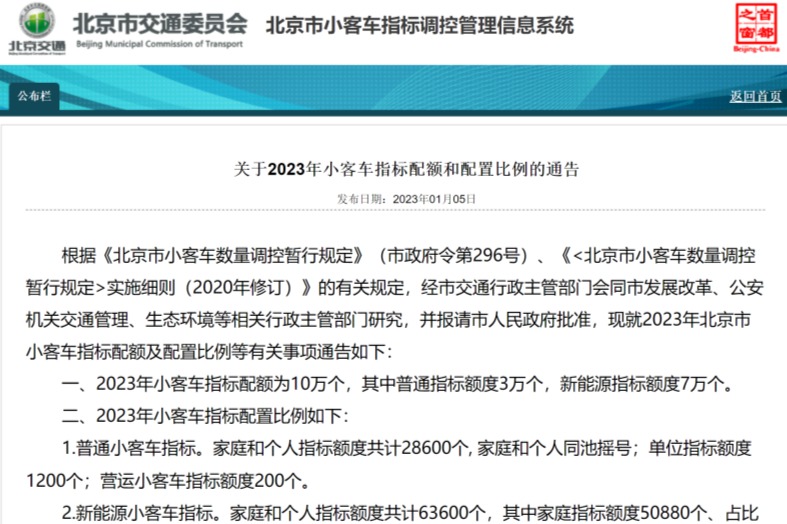 2023年北京個(gè)人新能源指標(biāo)配額12720個(gè) 家庭新能源指標(biāo)配額50880個(gè)