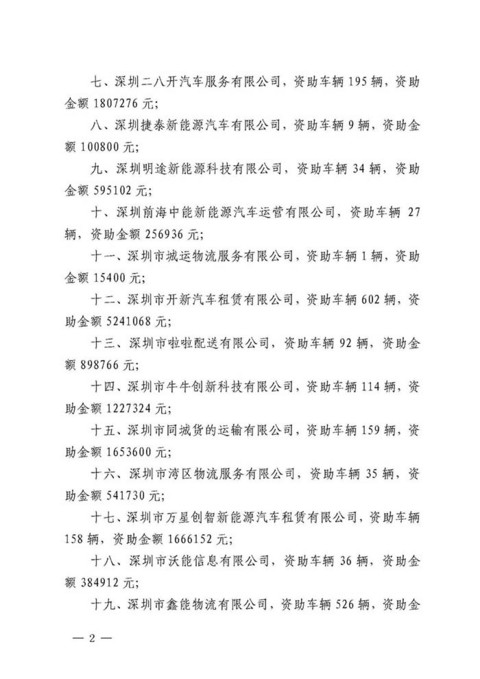 深圳公布2019年度纯电动物流配送车辆运营资助结果