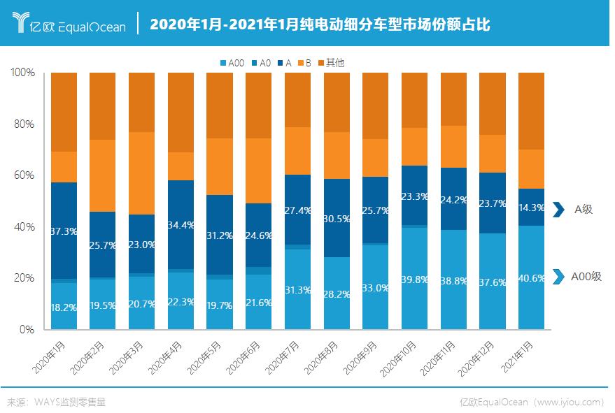 2021年1月-2021年1月純電動細(xì)分車型市場份額占比
