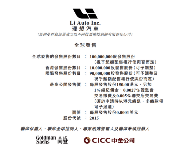 理想汽車8月3日起招股：發(fā)售價最高150港元 一手入場費15151港元