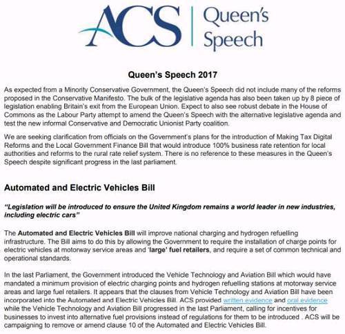 英国女王伊丽莎白二世2017年“女王文告”中关于《自动化和电动汽车法案》的摘要。