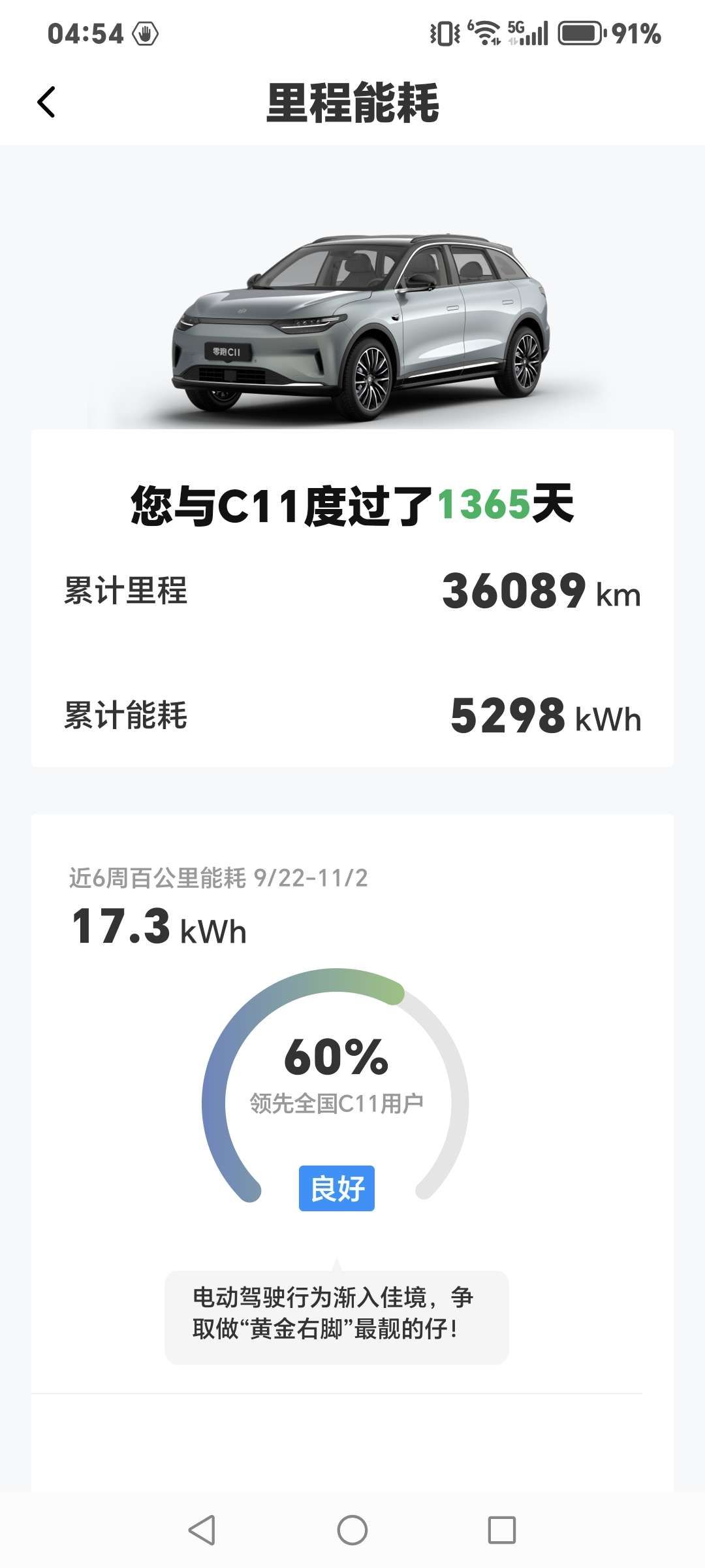 城市：北京
温度：4℃—14℃
车型型号：零跑C11
能耗表现：17.3Kwh
平时上下班通勤距离短，北京气温偏低了，但能耗依然坚挺，续航也比较扎实！