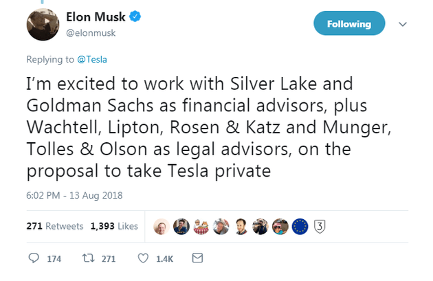 Маск: Работа с Silver Lake Capital и Goldman Sachs над приватизацией Tesla