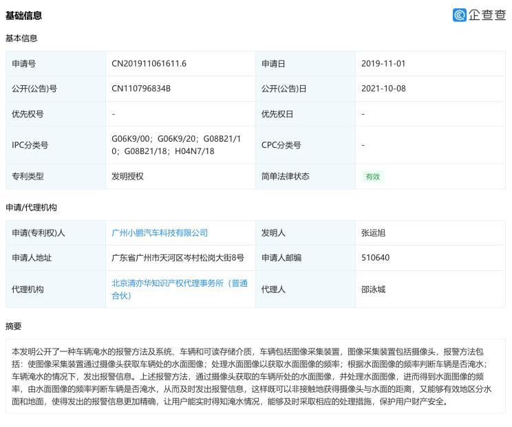 Ситуация в реальном времени: патент компании Xiaopeng на сигнализацию о затоплении автомобиля авторизован