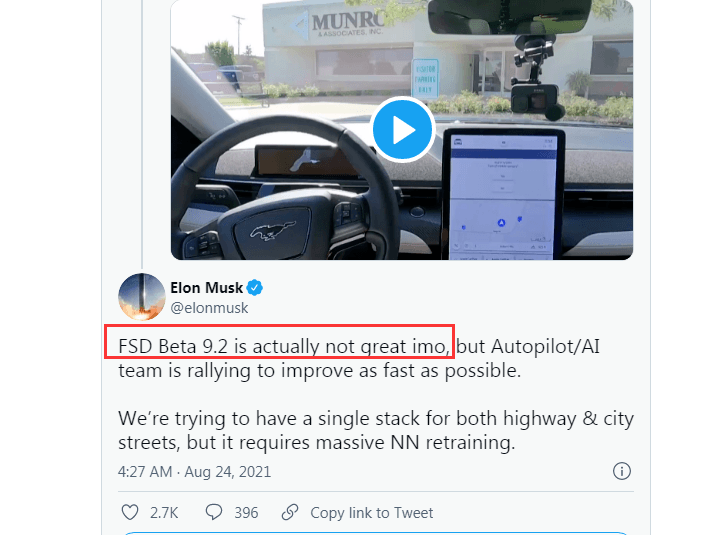 Elon Mask 公开承认：特斯拉最新的 Beta 版自动驾驶系统“不是很好”