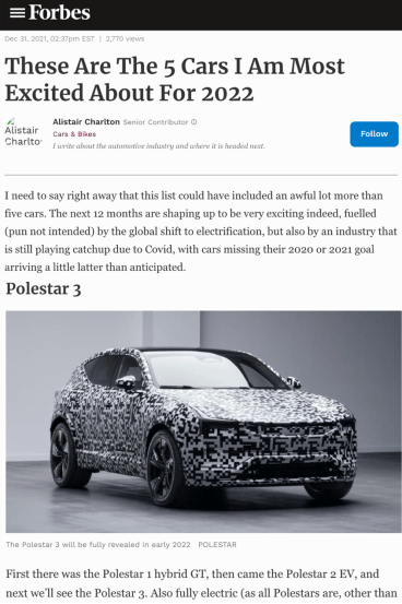 福布斯评极星3为2022年最期待新车，重新定义电动化时代SUV造型