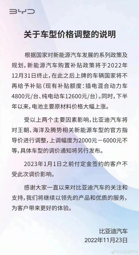 比亚迪官宣:涨价!