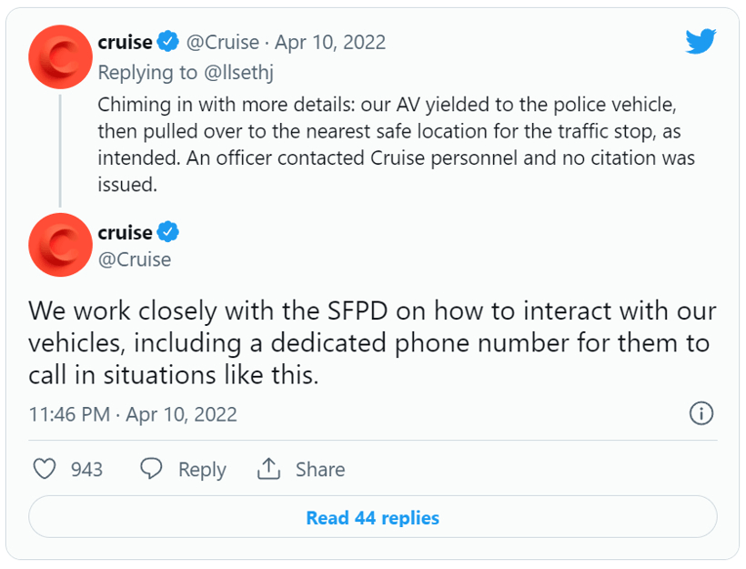 因大燈未開，美國警察攔截Cruise無人駕駛車
