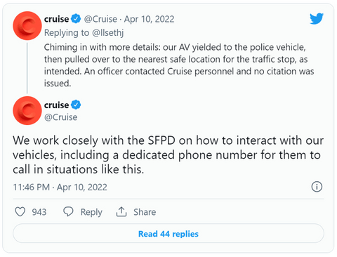 因大灯未开,美国警察拦截Cruise无人驾驶车