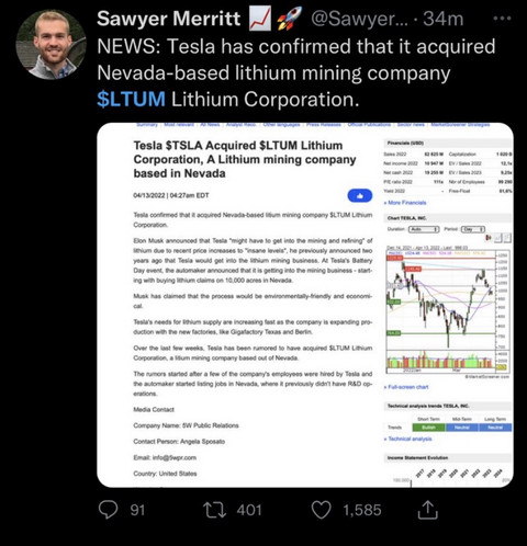 特斯拉收购美国锂商Lithium系乌龙事件
