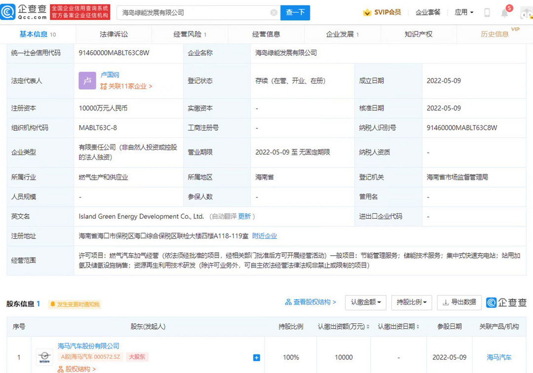 海馬汽車在海口成立綠能發(fā)展公司，注冊(cè)資本1億元