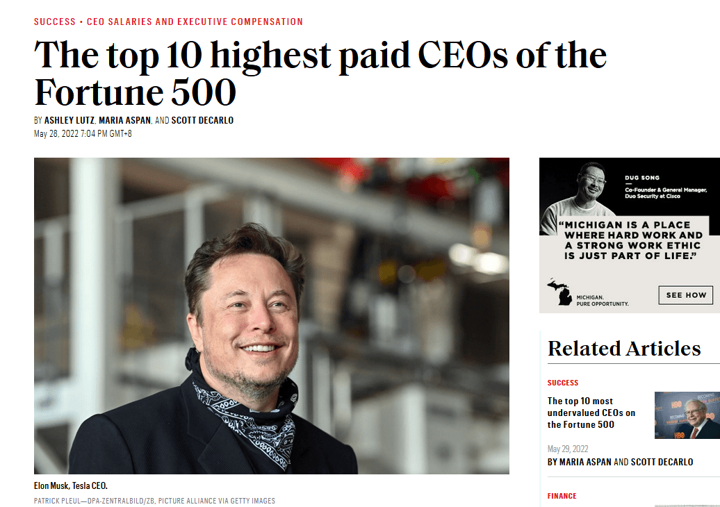 马斯克是2021年《财富》500强企业薪酬最高CEO