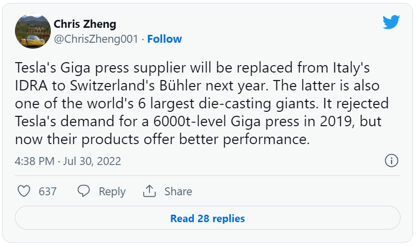 传特斯拉欲更换压铸机供应商