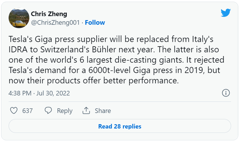 傳特斯拉或引入另一家壓鑄機供應(yīng)商