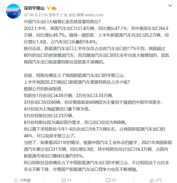 特斯拉占了中國汽車出口半壁江山？真實(shí)情況并非如此