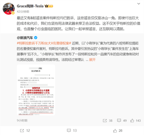 特斯拉胜诉千万粉丝大V名誉侵权案 陶琳：另8起谣言案均胜诉