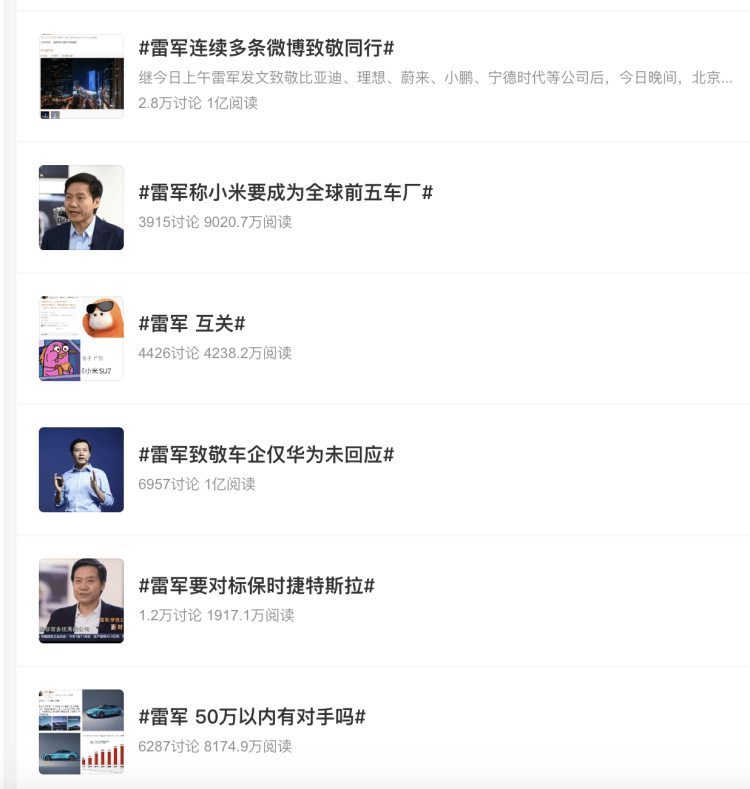近期關(guān)于雷軍在微博上的部分熱搜話題 圖源：微博截圖