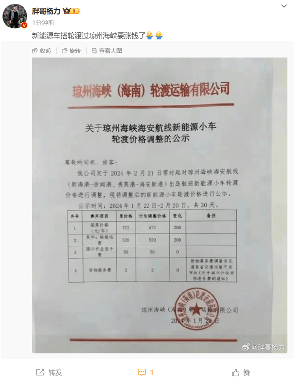 新能源車出海南島輪渡費用漲價200元 網(wǎng)友：因為不加油么
