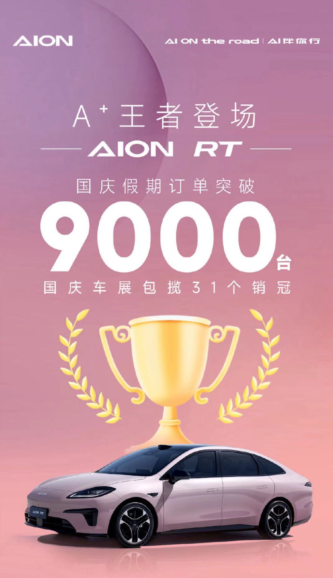 廣汽埃安AION RT車型國慶假期訂單超9000臺