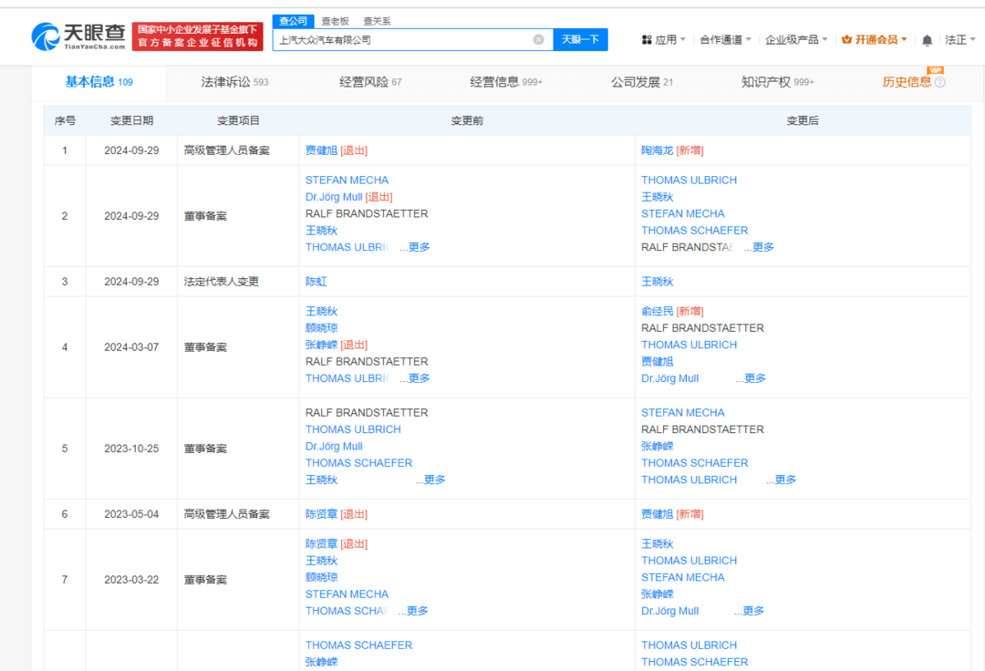 上汽大众发生工商变更，王晓秋接任董事长、陶海龙接任总经理