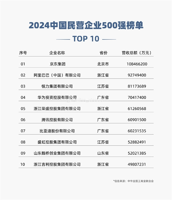 2024中國民營企業500強榜單：比亞迪排名僅次騰訊 汽車行業第一